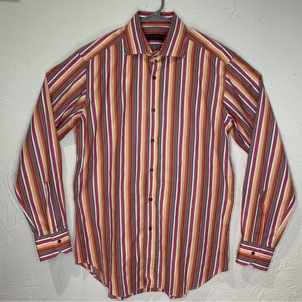 Etro Milano Pink Striped Long Sleeve Dress Shirt Mens Size 40 Medium